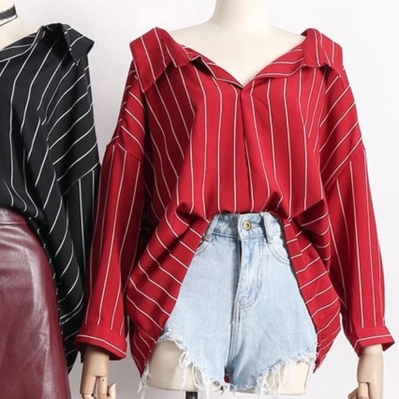 Hong Tai Lang Red & White Stripe Long Sleeves Dip-Back Shirt Women's Size S - Picture 3 of 14